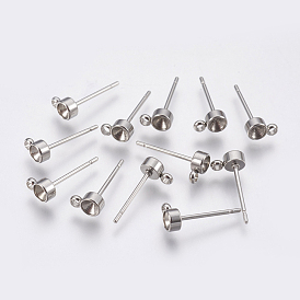 201 Stainless Steel Stud Earring Findings, with Loop and 304 Stainless Steel Pins, For Pointed Back Rivoli Rhinestone Flat Round
