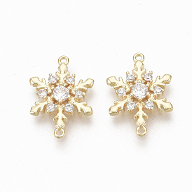 Brass Micro Pave Clear Cubic Zirconia Links, Nickel Free, Christmas Snowflake, Real 18K Gold Plated