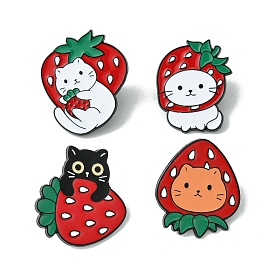 Black Alloy Brooches, Cat Shape with Strawberry Enamel Pins, for Backpack Clothes