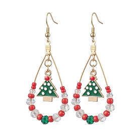304 Stainless Steel Christmas Tree Dangle Earrings, with Galss and Brass Finding for Women