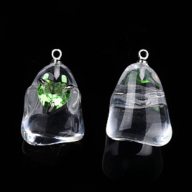Halloween Transparent Resin Enamel Pendants, with Platinum Plated Brass Loops and Light Green Cubic Zirconia, Ghost Charm