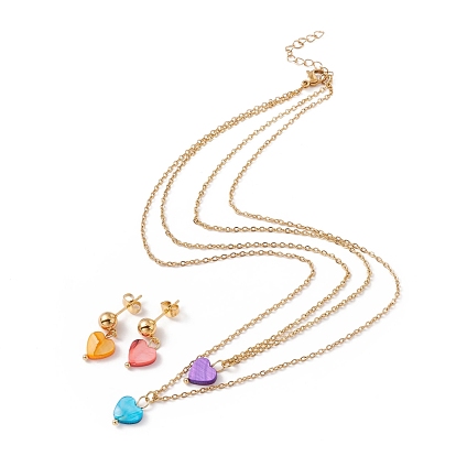 Synthetic Shell Heart Pendant Double Layer Necklaces and Dangle Stud Earrings, Gold Plated 304 Stainless Steel Jewelry Sets for Women, Ion Plating(IP)