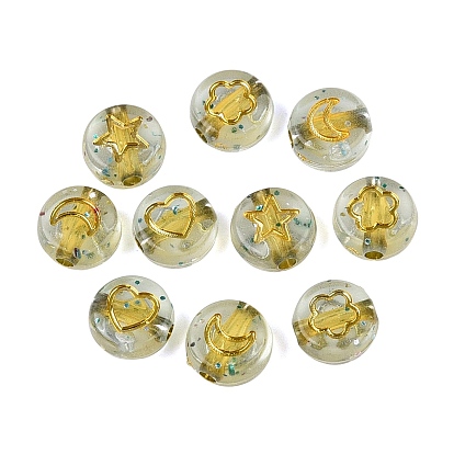 Transparent Acrylic Beads, Flat Round & Heart & Moon & Flower, with Glitter Powder & Golden Metal Enlaced