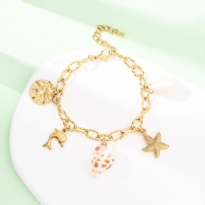 Браслеты с подвесками из нержавеющей стали для женщин с дельфинами и морскими звездами, с диваном-кроватью, ионное покрытие (ip)