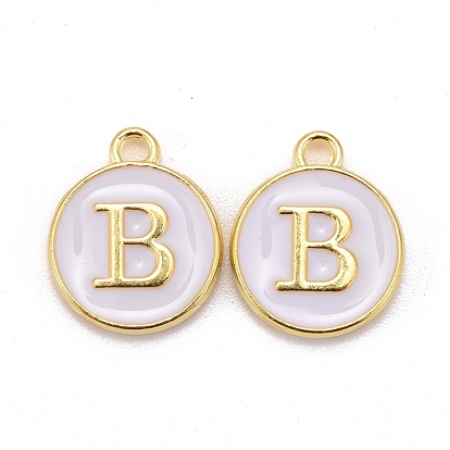 Breloques en alliage plaqué or, sans cadmium et sans plomb, avec l'émail, paillettes émaillées, plat rond avec la lettre