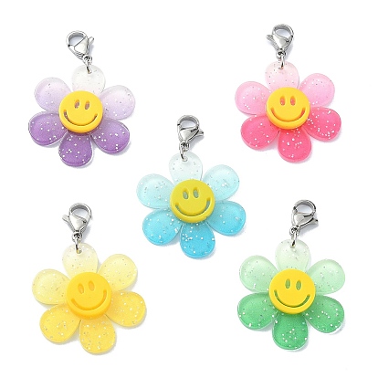 Sunflower with Smiling Face Acrylic Pendant Decorations, with 304 Stainless Steel Lobster Claw Clasps