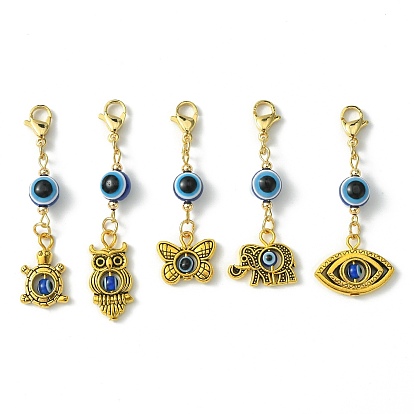 Tibetan Style Alloy Pendant Decorations, Evil Eye Resin Bead and 304 Stainless Steel Lobster Claw Clasps Charms, Mixed Shapes
