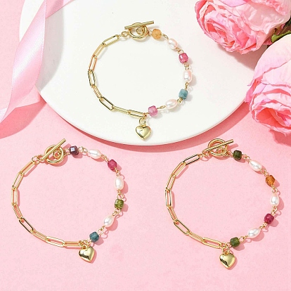 Браслеты с подвесками в виде сердечек из латуни, Браслеты из натуральных разноцветных турмалинов и культивированного пресноводного жемчуга для женщин.