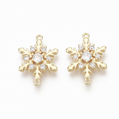 Brass Micro Pave Clear Cubic Zirconia Links, Nickel Free, Christmas Snowflake, Real 18K Gold Plated