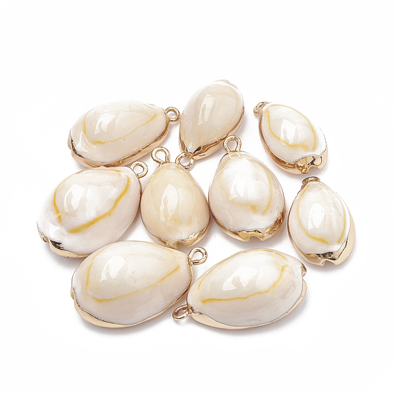 Cowrie Shell Pendants, with Golden Tone Brass Findings, Cowrie Shell