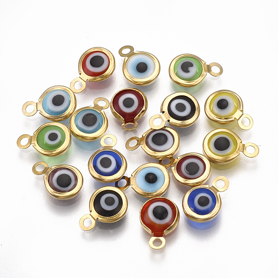 Handmade Lampwork Charms, with 304 Stainless Steel Findings, Flat Round with Evil Eye