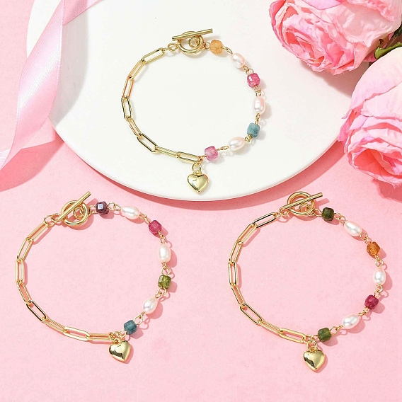Браслеты с подвесками в виде сердечек из латуни, Браслеты из натуральных разноцветных турмалинов и культивированного пресноводного жемчуга для женщин.