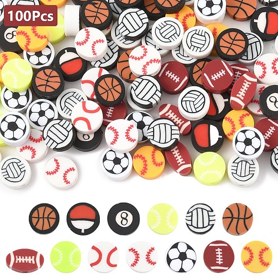 100 бусины из полимерной глины ручной работы., футбол/баскетбол/регби/волейбол/бейсбол, с 1рулонной эластичной кристаллической нитью