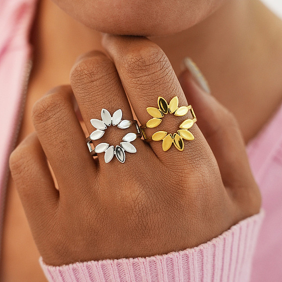 304 Stainless Steel Cuff Open Rings, Flower
