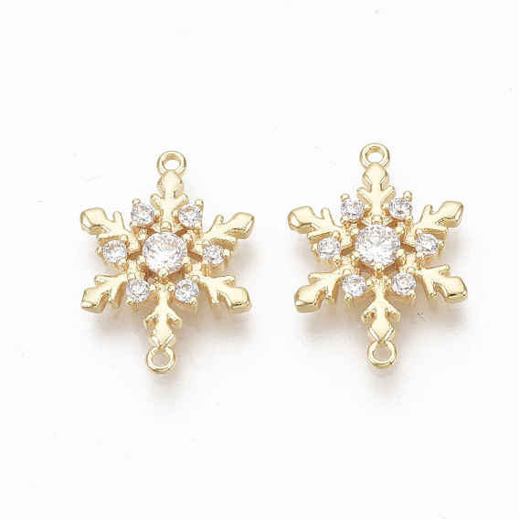 Brass Micro Pave Clear Cubic Zirconia Links, Nickel Free, Christmas Snowflake, Real 18K Gold Plated