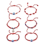 6Pcs 6 Style Resin Evil Eye Braided Bead Bracelets Set, Hamsa Hand Alloy Charm Adjustable Bracelets for Women