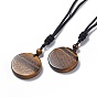 Natural Gemstone Flat Round with Flower of Life Pendant Necklace with Nylon Cord for Women