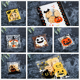Halloween Pumpkin Ghost Bat OPP Self-Adhesive Cookie Bags, for Baking Packing Bags, Square