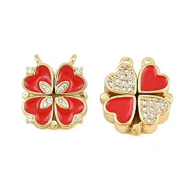 Brass Micro Pave Clear Cubic Zirconia and Enamel Connector Charms, Magnet Links, Heart