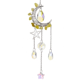 Moon & Star Alloy Hanging Ornaments, Natural Gemstone Chips and Glass Tassel Suncatchers