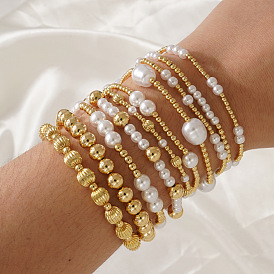 Sets aus runden, elastischen Armbändern aus Messing und Imitationsperlen, mehrlagige, verstellbare und stapelbare Armbänder, golden