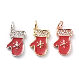 Christmas Style Brass Micro Pave Clear Grade AAA Cubic Zirconia Pendants, with Red Enamel & Jump Rings, Long-Lasting Plated, Glove