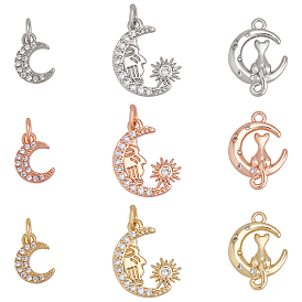 9Pcs 9 Style Brass Micro Pave Clear Cubic Zirconia Charms, Long-Lasting Plated, with Jump Rings, Moon