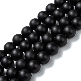 Natural Black Onyx Beads Strands, Dyed & Heated, Frosted, Round