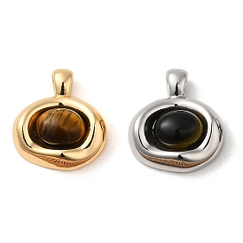 Natural Tiger Eye Pendants, Brass Oval Charms