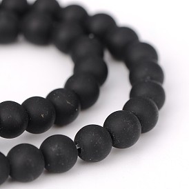 Frosted Natural Black Agate Round Beads Strands, Dyed & Heated