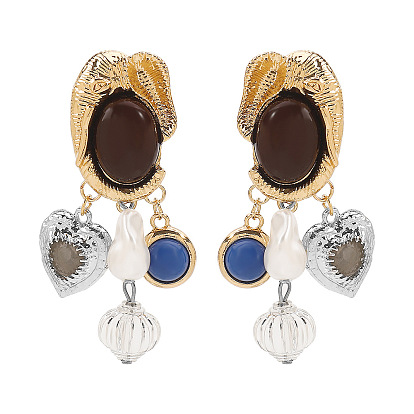 Серьги-гвоздики из акрилового сплава с подвесками в форме сердца, со смолой и искусственным жемчугом, золотой и серебряный