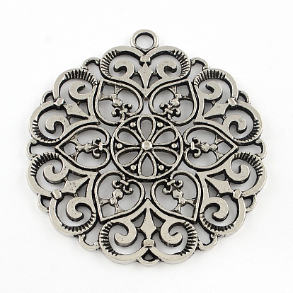 Tibetan Style Filigree Flower Alloy Big Pendants, Cadmium Free & Lead Free, 67.5x61.5x2.5mm, Hole: 4.5mm, about 55pcs/1000g