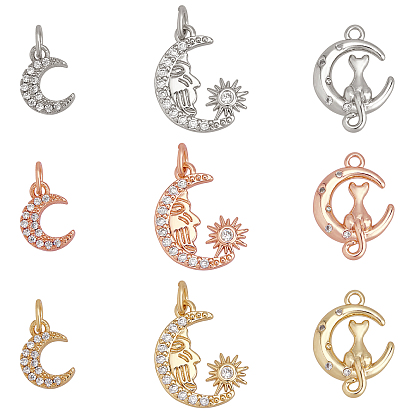 9Pcs 9 Style Brass Micro Pave Clear Cubic Zirconia Charms, Long-Lasting Plated, with Jump Rings, Moon