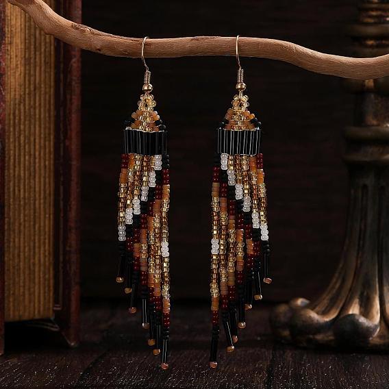 Богемные серьги-подвески ручной работы из стеклянного бисера., треугольник шаблон, золотые