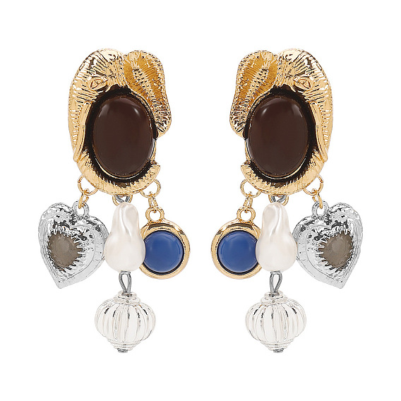 Серьги-гвоздики из акрилового сплава с подвесками в форме сердца, со смолой и искусственным жемчугом, золотой и серебряный