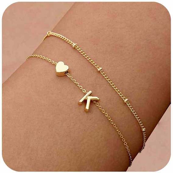 2шт. 2 стили браслеты из латунных бусин и цепочек-спутников для женщин, письмо и сердце, золотые