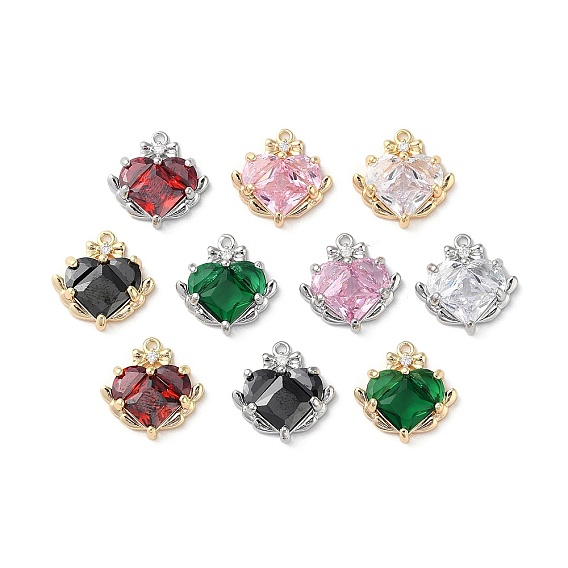 Glass Rhinestone Charms, with Brass Findings, Faceted, Heart Charm