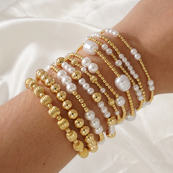 Brass and Imitation Pearl Round Beaded Stretch Bracelet Sets, Multi-Layered Adjustable Stackable Bracelets, Golden