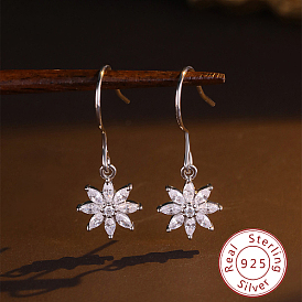 Rhodium Plated 925 Sterling Silver Micro Pave Cubic Zirconia Dangle Earrings, Snowflake