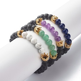 Natural Mixed Stone Beads Stretch Bracelets, with Natural Lava Rock Round Beads, Brass Micro Pave Cubic Zirconia Beads, Crown