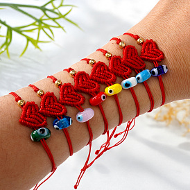 Браслеты из бисера в технике лэмпворк, плетеные браслеты из полиэфирного шнура для женщин, сглаз и сердце, с латунным