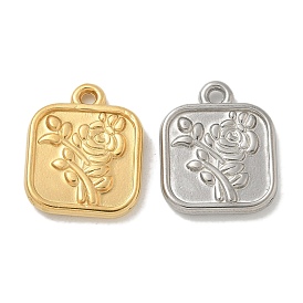 304 Stainless Steel Pendants, Square with Flower Charm