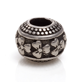 304 Stainless Steel European Beads, Large Hole Beads, Rondelle with Flower
