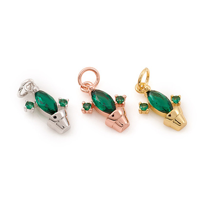 Brass Micro Pave Cubic Zirconia Charms, with Jump Ring, Cactus