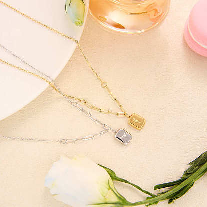 201 Stainless Steel Engraved Flower Rectangle Pendant Necklaces for Women