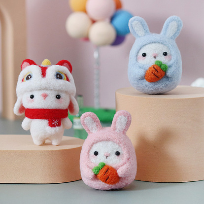 Rabbit Pendant Decoration DIY Needle Felting Beginner Kits, including Wool, Felting Needle, Foam Board, Instruction