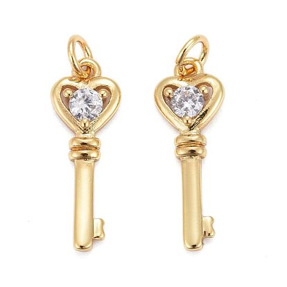 Brass Micro Pave Clear Cubic Zirconia Pendants, Long-Lasting Plated, Key
