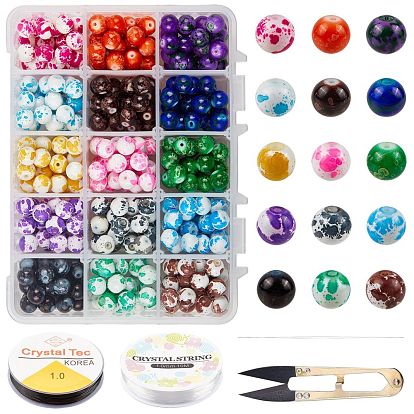 DIY Jewelry Set Kit, with Elastic Crystal Thread, Baking Paint Round Glass Beads, Stainless Steel Big Eye Beading Needles & Scissors