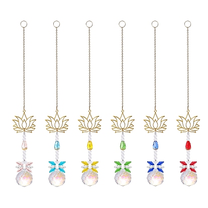 Metal Hollow Lotus Hanging Ornaments, Glass Round Tassel Suncatcher for Garden Outdoor Decoration