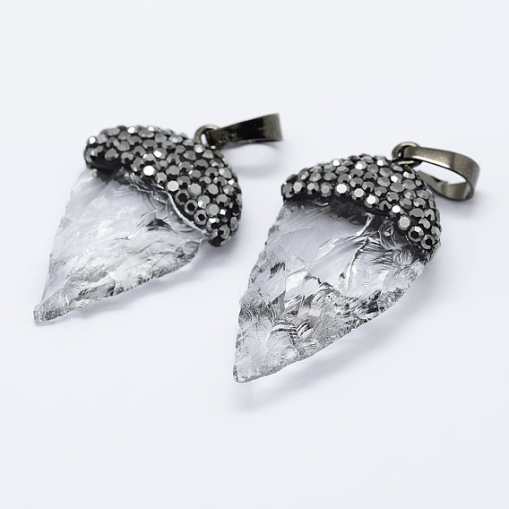 Natural Quartz Crystal Pendants, with Brass Finding, Gunmetal, Drop